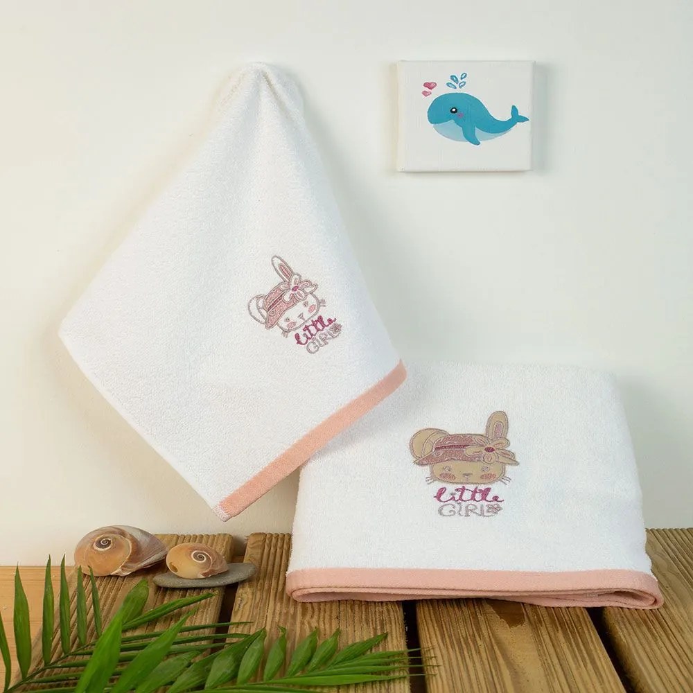 Πετσέτες Βρεφικές Με Κέντημα Rabbit Girl 147 (Σετ 2τμχ) White DimCol Towels Set 70x140cm 100% Βαμβάκι