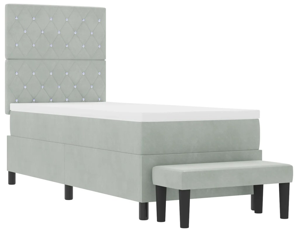 vidaXL Κρεβάτι Box Spring με Στρώμα & Παγκάκι Ανοιχτό Γκρι 80x200 εκ Βελούδο