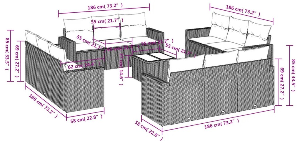 vidaXL Σετ Καναπέ Κήπου 13τεμ Μπεζ Συνθ. Ρατάν με Μαξιλάρια