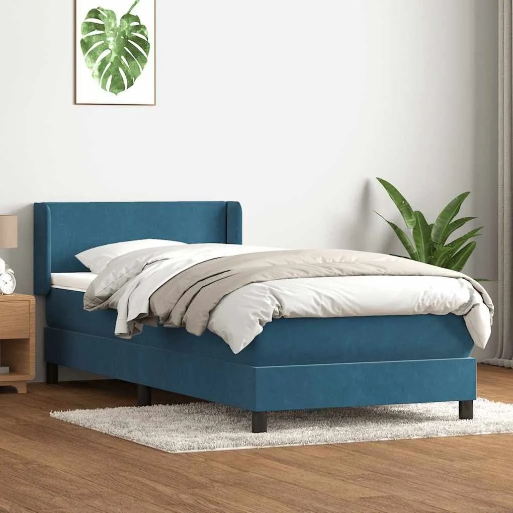 Κρεβάτι Boxspring με Στρώμα Σκούρο Μπλε 80x220 εκ. Βελούδινο - Μπλε