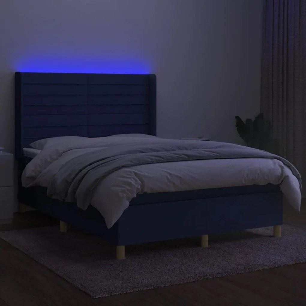 vidaXL Κρεβάτι Boxspring με Στρώμα & LED Μπλε 140x190 εκ. Υφασμάτινο