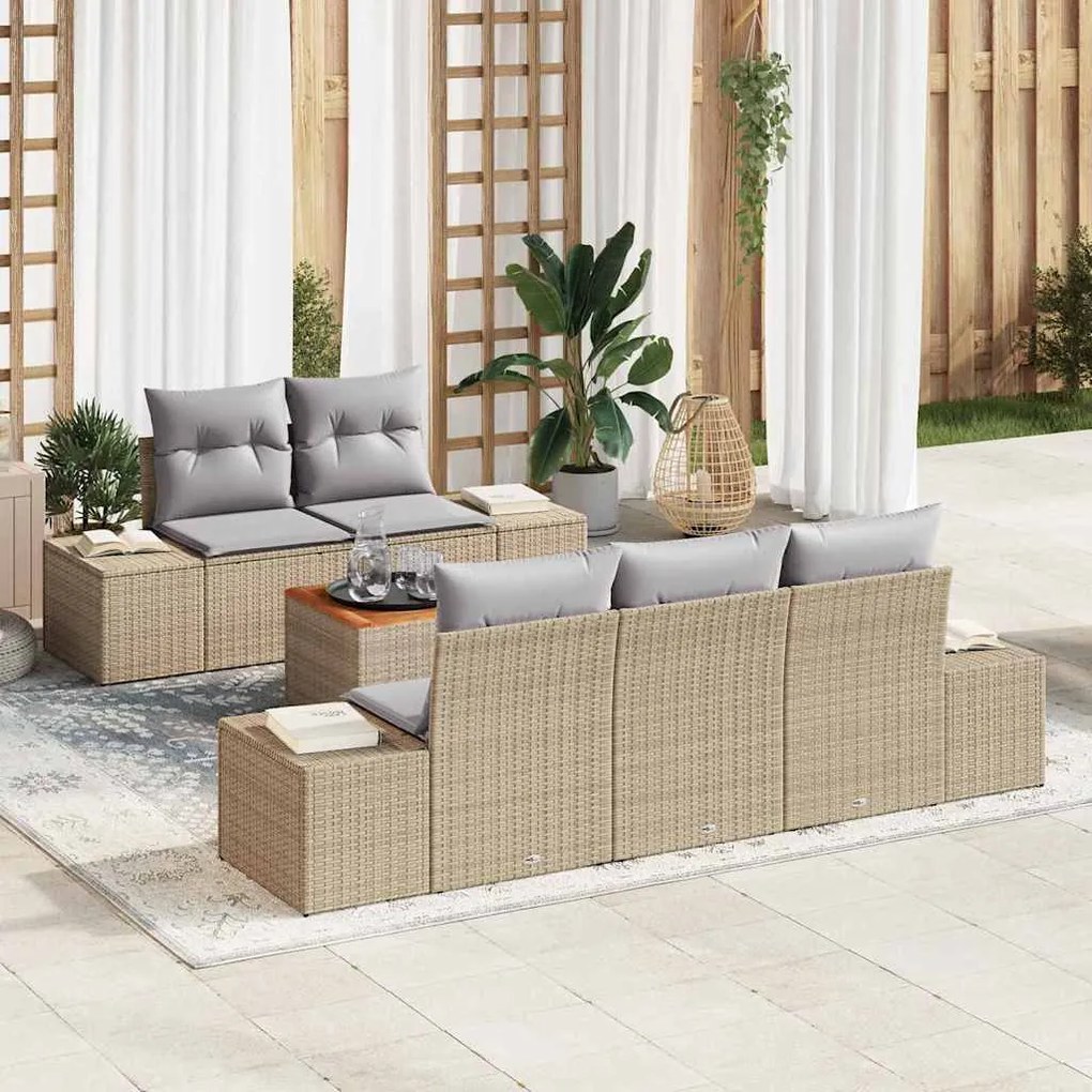 vidaXL Σετ Καναπέ Κήπου με μαξιλάρι 6 pcs Μπεζ Πολυ ράταν