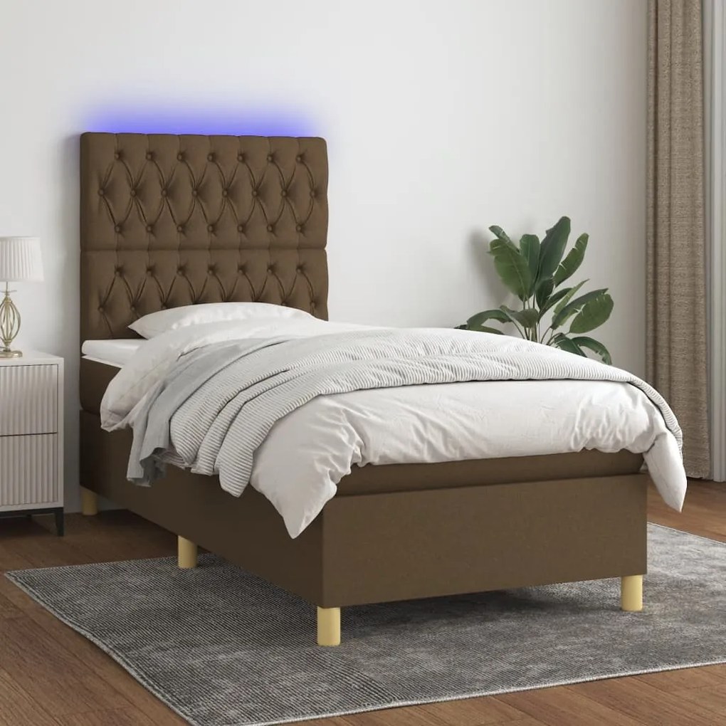 vidaXL Κρεβάτι Boxspring με Στρώμα &amp; LED Σκ.Καφέ 100x200 εκ Υφασμάτινο