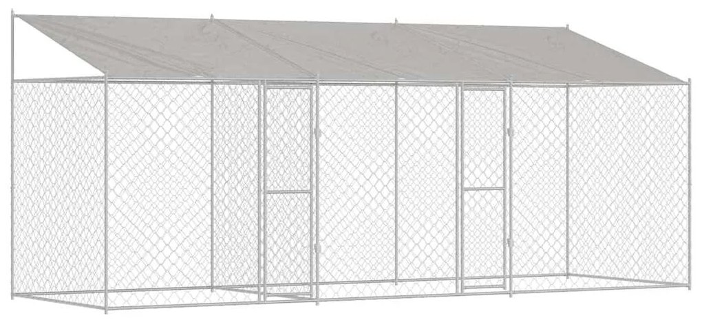 vidaXL Κλουβί Σκυλιού με Στέγη Ασημί 600 x 200 x 258 εκ Χάλυβας και PE