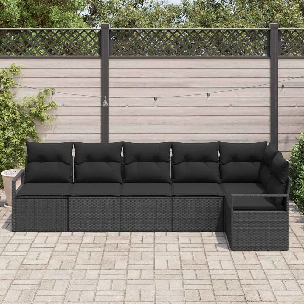 vidaXL Set καναπέ κήπου έξι κομμάτια με μαξιλάρια, μαύρο πολυ rattan