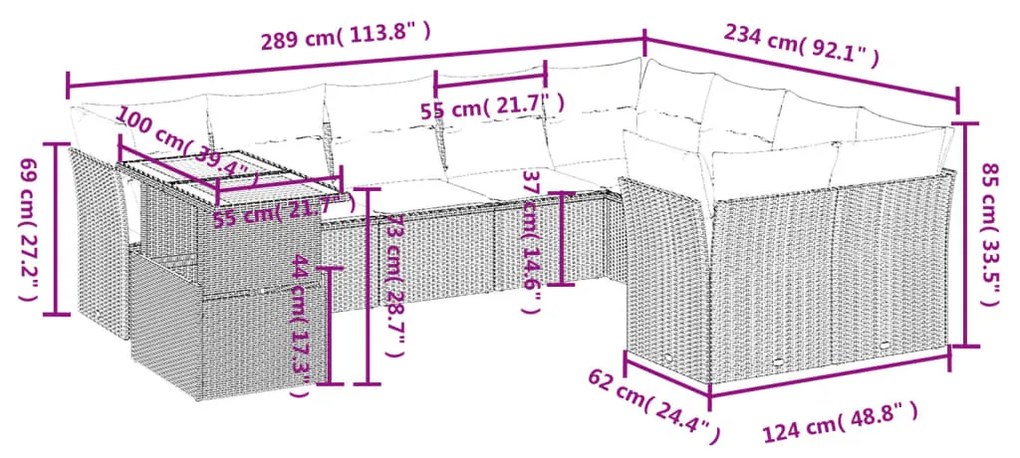 vidaXL Σετ Καναπέ Κήπου 10 τεμ. Μπεζ Συνθετικό Ρατάν με Μαξιλάρια