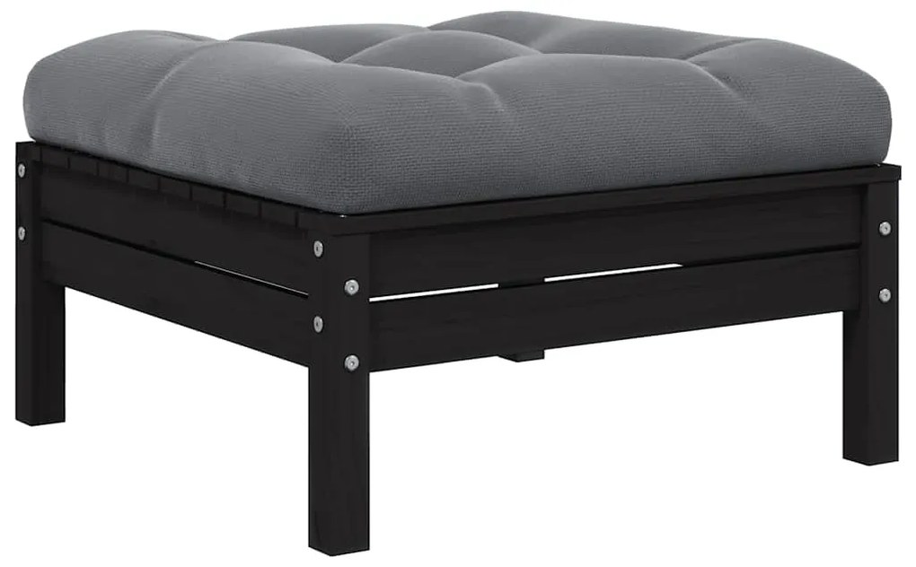 vidaXL Υποπόδιο Κήπου Μαύρο από Μασίφ Ξύλο Πεύκου με Ανθρακί Μαξιλάρι