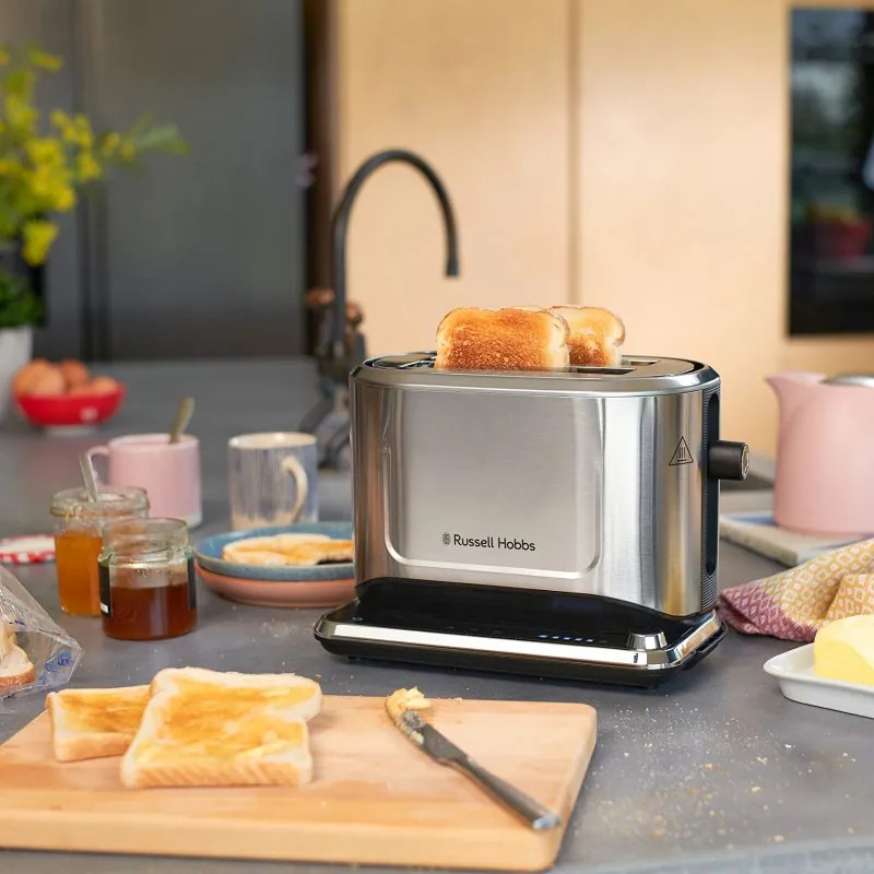 Τοστιέρα ψωμιού Russell Hobbs Attentiv 26210-56, 1640W, 2 φέτες, 6 στάδια, κεντράρισμα, έλεγχος αφής, LED, αποθήκευση, υψηλή ανύψωση, χωρίς BPA και PFAS, Inox/μαύρο