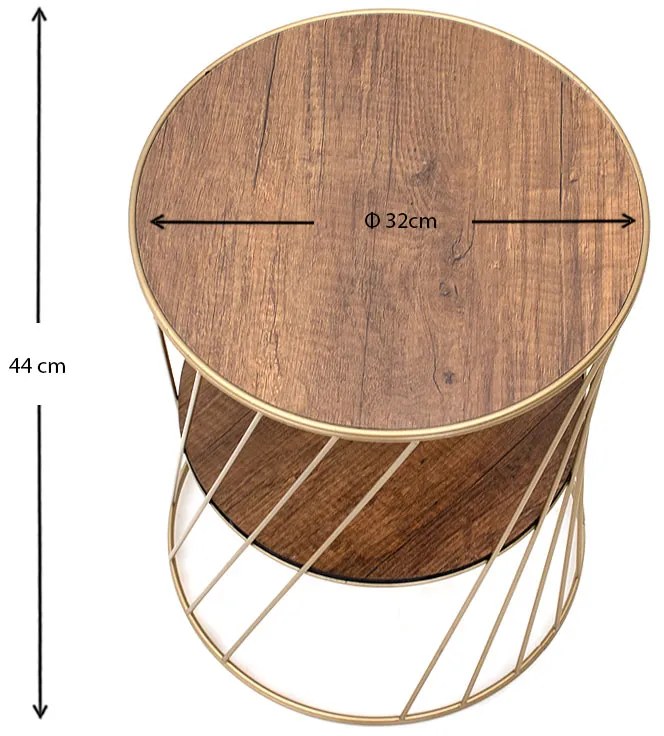 Τραπεζάκι βοηθητικό Jaspin Megapap μεταλλικό - Mdf χρώμα χρυσό - καρυδί 32x32x44εκ.