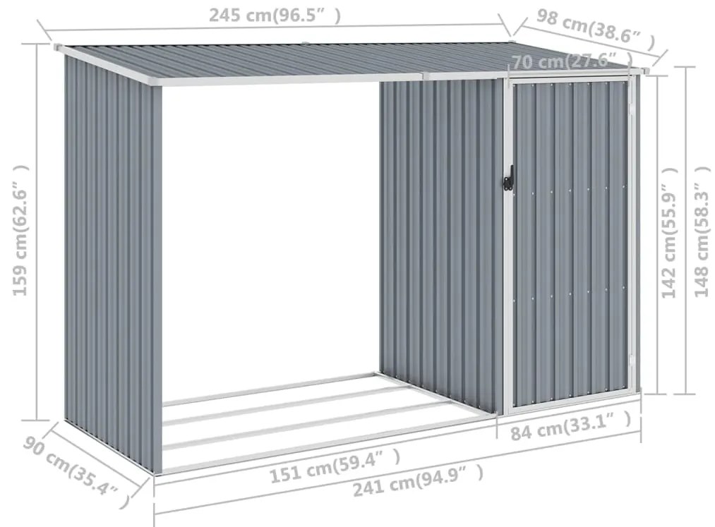 Υπόστεγο Ξύλων/Αποθήκη Κήπου Γκρι 245x98x159 εκ. Γαλβ. Ατσάλι - Γκρι