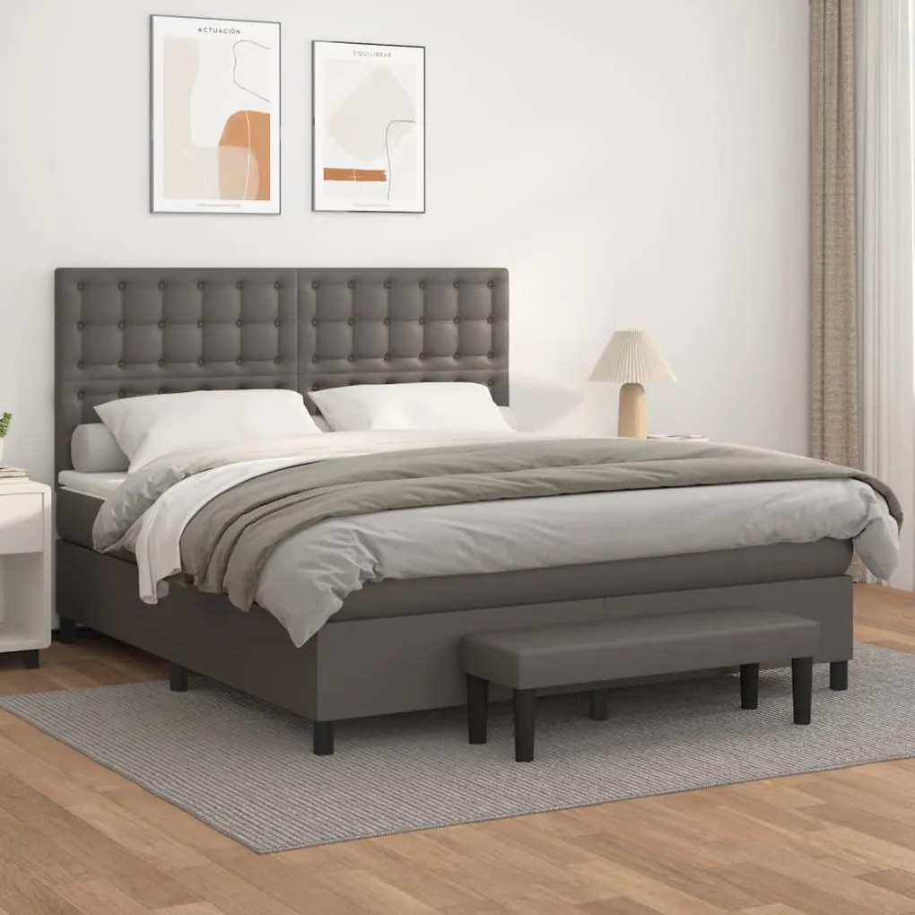 Κρεβάτι Boxspring με Στρώμα Γκρι 180x200 εκ. Συνθετικό Δέρμα - Γκρι