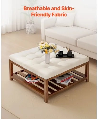 VEVOE Large Square Ottoman Coffee Table, 87.5 cm Tufted Coffee Table with Solid Wood Shelf Storage, Linen Solid Upholstered Footrest Ottoman for Bedroom Living Room, 400 LBS, Off-White