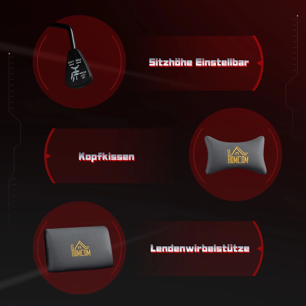 HOMCOM Εργονομική Καρέκλα Gaming με 3D Μπράτσα, Ρυθμιζόμενη, Κυλιόμενη Καρέκλα Γραφείου με Οσφυϊκή Υποστήριξη, Γκρι