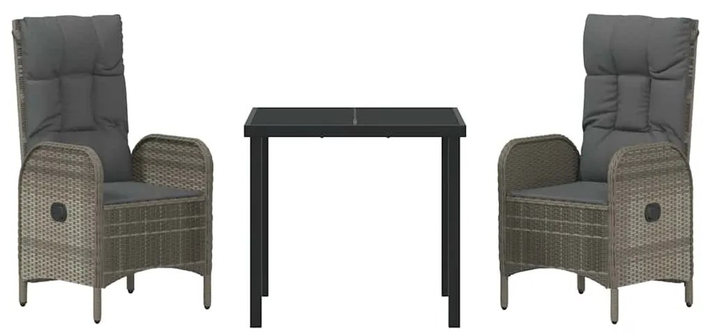 vidaXL Σέτ φαγητού για κήπο με μαξιλάρι 3 pcs Γκρι Πολυ ράταν