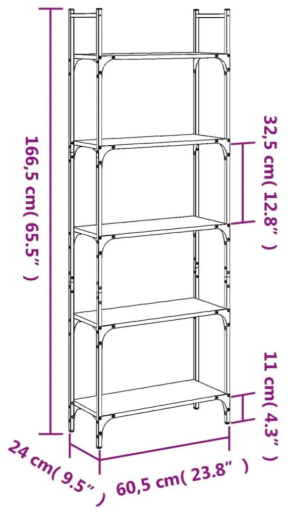 Βιβλιοθήκη 5 Επιπέδων Καφέ Δρυς 60,5x24x166,5εκ. Επεξεργ. Ξύλο - Καφέ