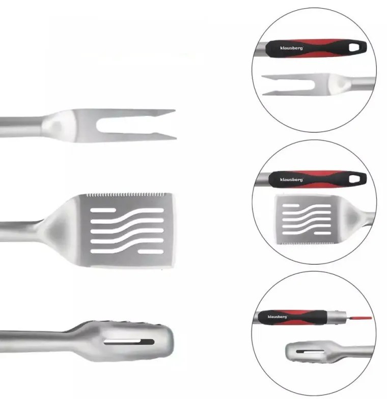 Σετ 3 τεμαχίων σκεύη μπάρμπεκιου Klausberg KB 7899, Πιρούνι, Σπάτουλα, τρύπα για κρέμασμα, Ανοξείδωτο, Μαύρο/Μαύρο