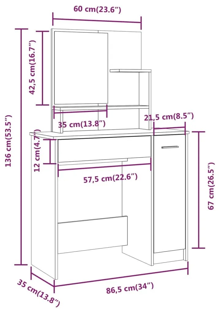 Μπουντουάρ με Καθρέφτη Γκρι Sonoma 86,5x35x136 εκ. - Γκρι