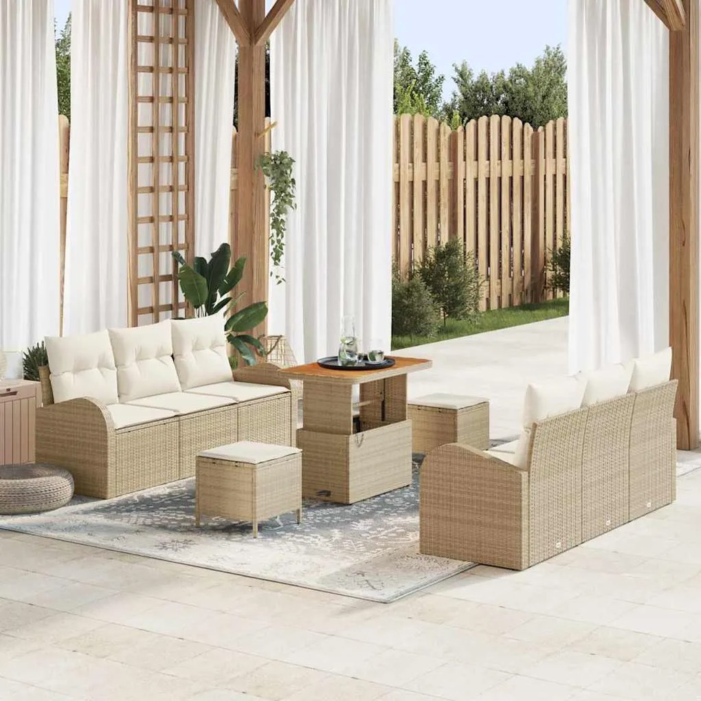 vidaXL Σετ Καναπέ Κήπου με μαξιλάρι 9 pcs Μπεζ Πολυ ράταν