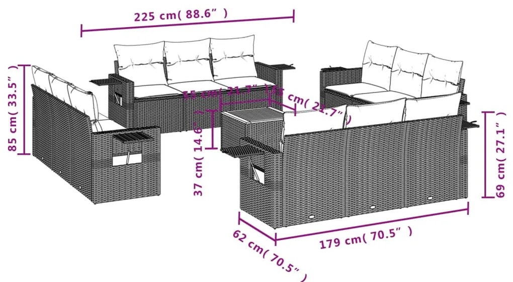 vidaXL Σαλόνι Κήπου 13 τεμ. Μαύρο από Συνθ. Ρατάν με Μαξιλάρια