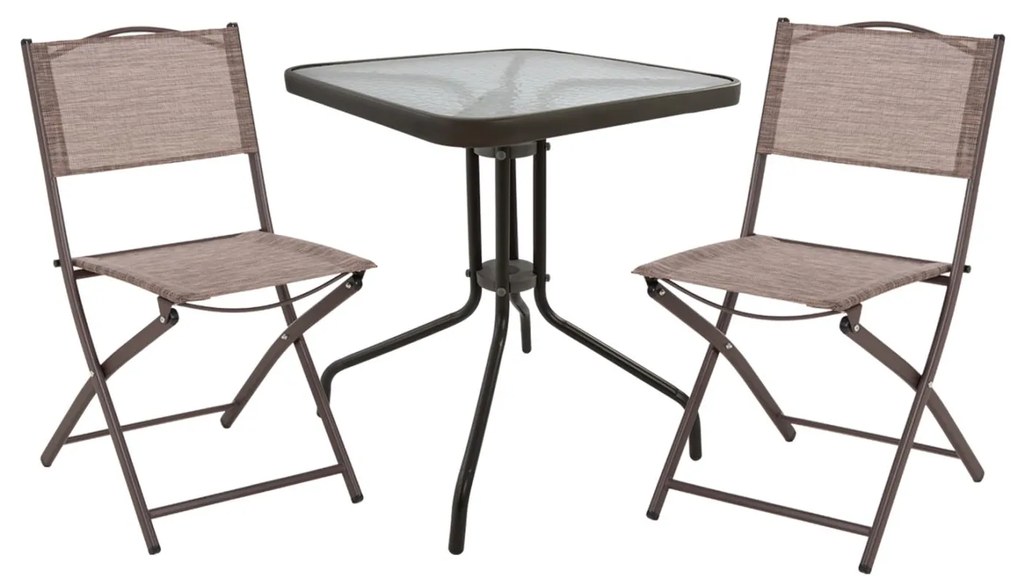 OUTDOOR DINING SET 3PCS FIGO  METAL TABLE &amp; 2 FOLDABLE CHAIRS-BROWN