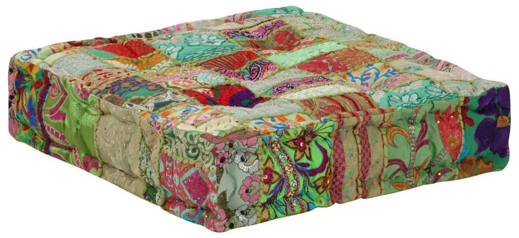 vidaXL Πουφ Patchwork Τετράγωνο Χειροπ. Πράσινο 50x50x12 εκ. Βαμβάκι