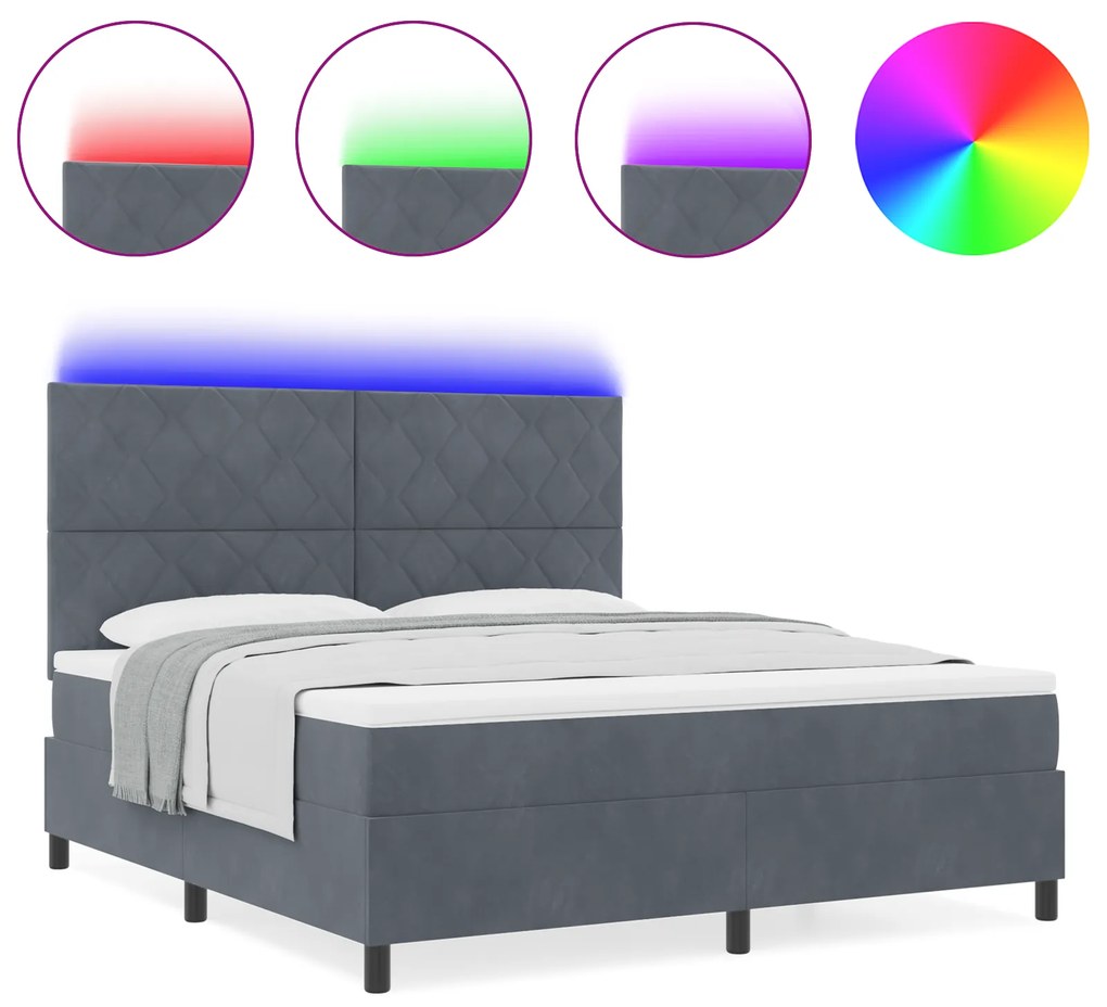 vidaXL Κρεβάτι Box Spring με Στρώμα & LED Σκούρο Γκρι 180x200 εκ. Βελούδο