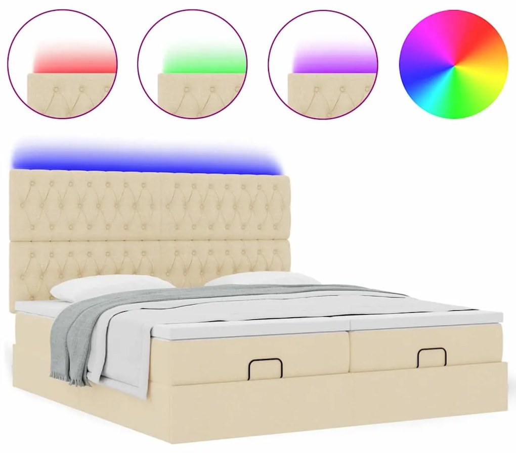 vidaXL Οθωμανικό κρεβάτι με στρώματα & LEDs Κρέμα 200x200cm ύφασμα