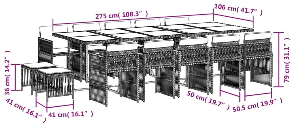 vidaXL Σετ Τραπεζαρίας Κήπου 15 τεμ. Γκρι Συνθετικό Ρατάν με Μαξιλάρια