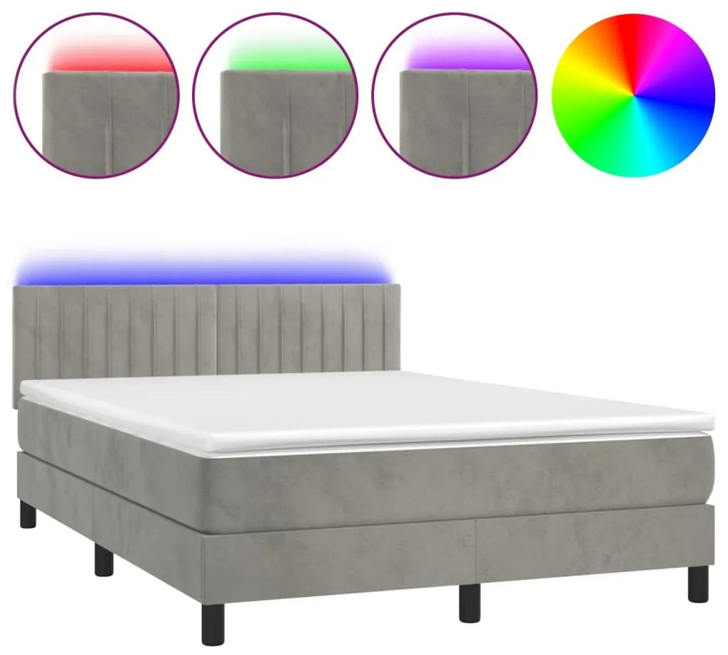 vidaXL Κρεβάτι Boxspring με Στρώμα & LED Αν.Γκρι 140x200 εκ. Βελούδινο