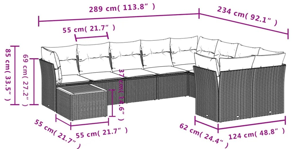 vidaXL Σαλόνι Κήπου Σετ 10 Τεμαχίων Μαύρο Συνθετικό Ρατάν με Μαξιλάρια