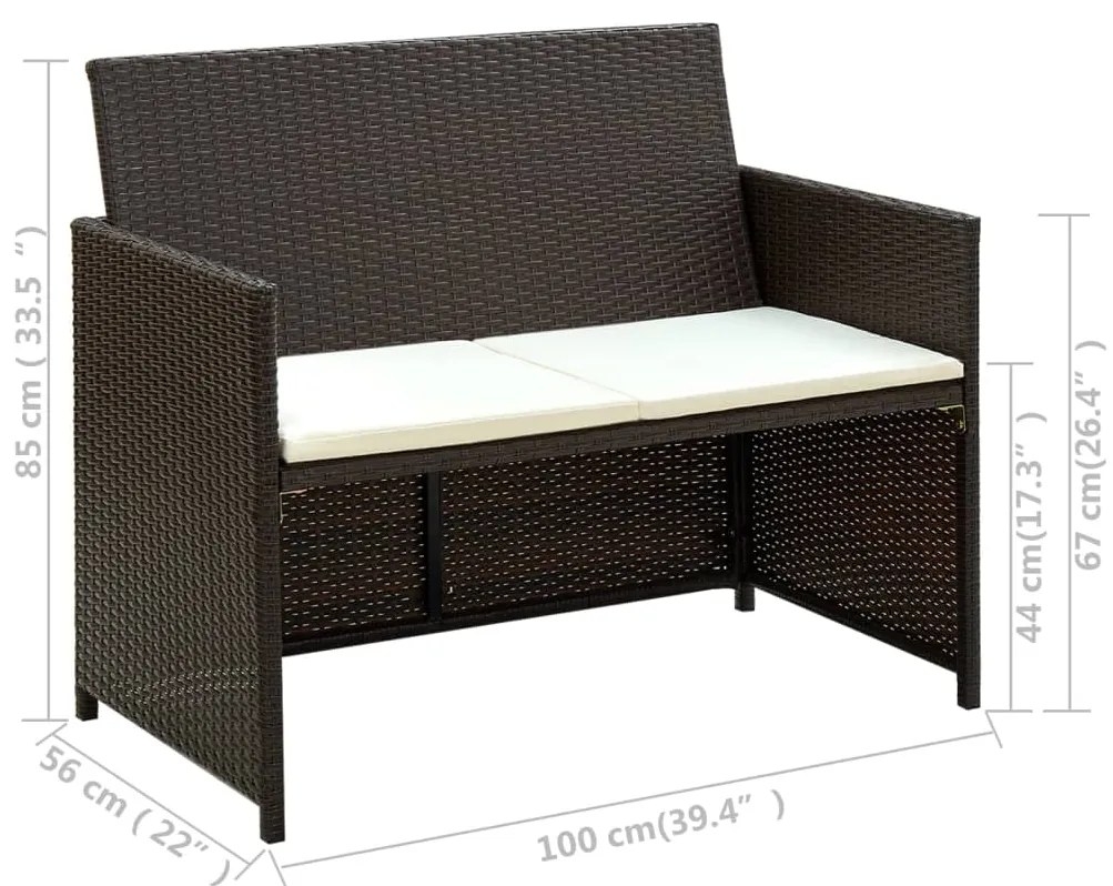 vidaXL Καναπές Κήπου Διθέσιος Καφέ από Συνθετικό Ρατάν με Μαξιλάρια