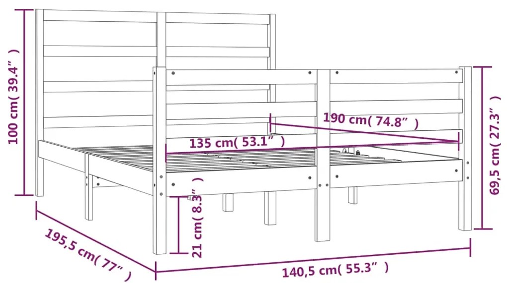 Πλαίσιο Κρεβατιού Γκρι 135 x 190 εκ. Μασίφ Ξύλο Πεύκου Double - Γκρι