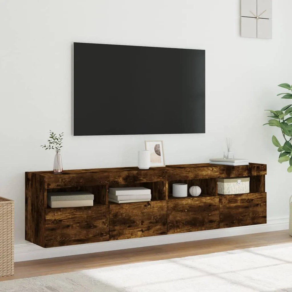 vidaXL Έπιπλα Τοίχου Τηλεόρασης LED 2 Τεμ. Καπνιστή Δρυς 80x30x40 εκ.