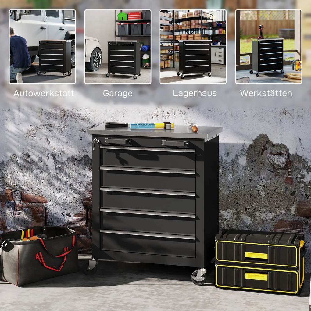 Εργαλειοθήκη HOMCOM με 5 συρτάρια, τροχήλατη εργαλειοθήκη, τρόλεϊ εργαλείων από ατσάλι, ασημί τόνος+Μαύρο