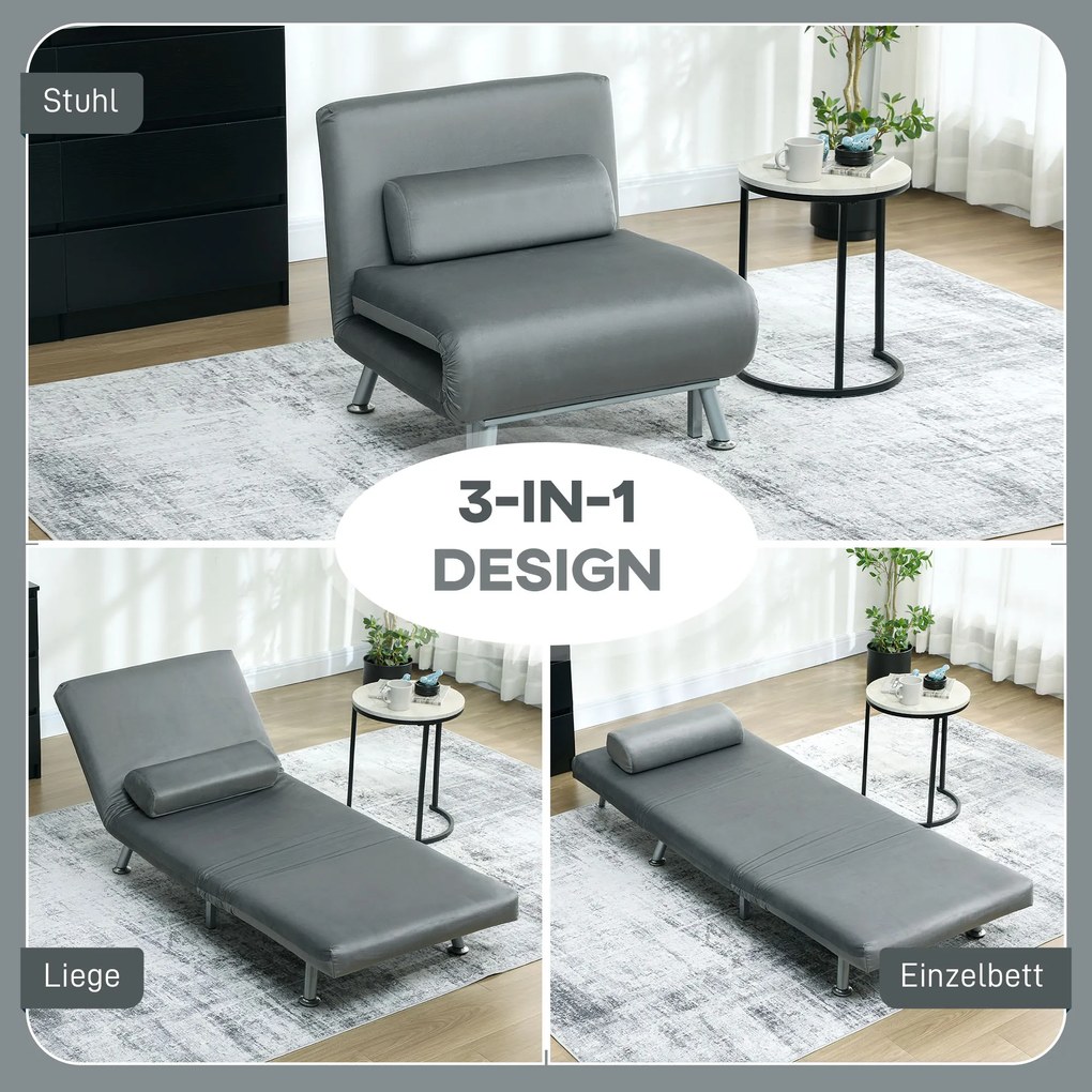 HOMCOM Αναδιπλούμενος πολυθρόνας με λειτουργία κρεβατιού, αναδιπλούμενος πολυθρόνας σε όψη βελούδου, ρυθμιζόμενη πλάτη, 75 x 70 x 75 cm, Γκρι