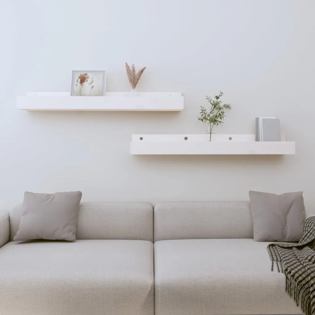 Ράφια Τοίχου 2 τεμ. Λευκό 80x12x9 εκ. από Μασίφ Ξύλο Πεύκου