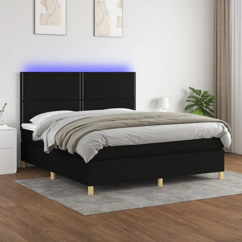 Κρεβάτι Boxspring με Στρώμα & LED Μαύρο 180x200 εκ. Υφασμάτινο