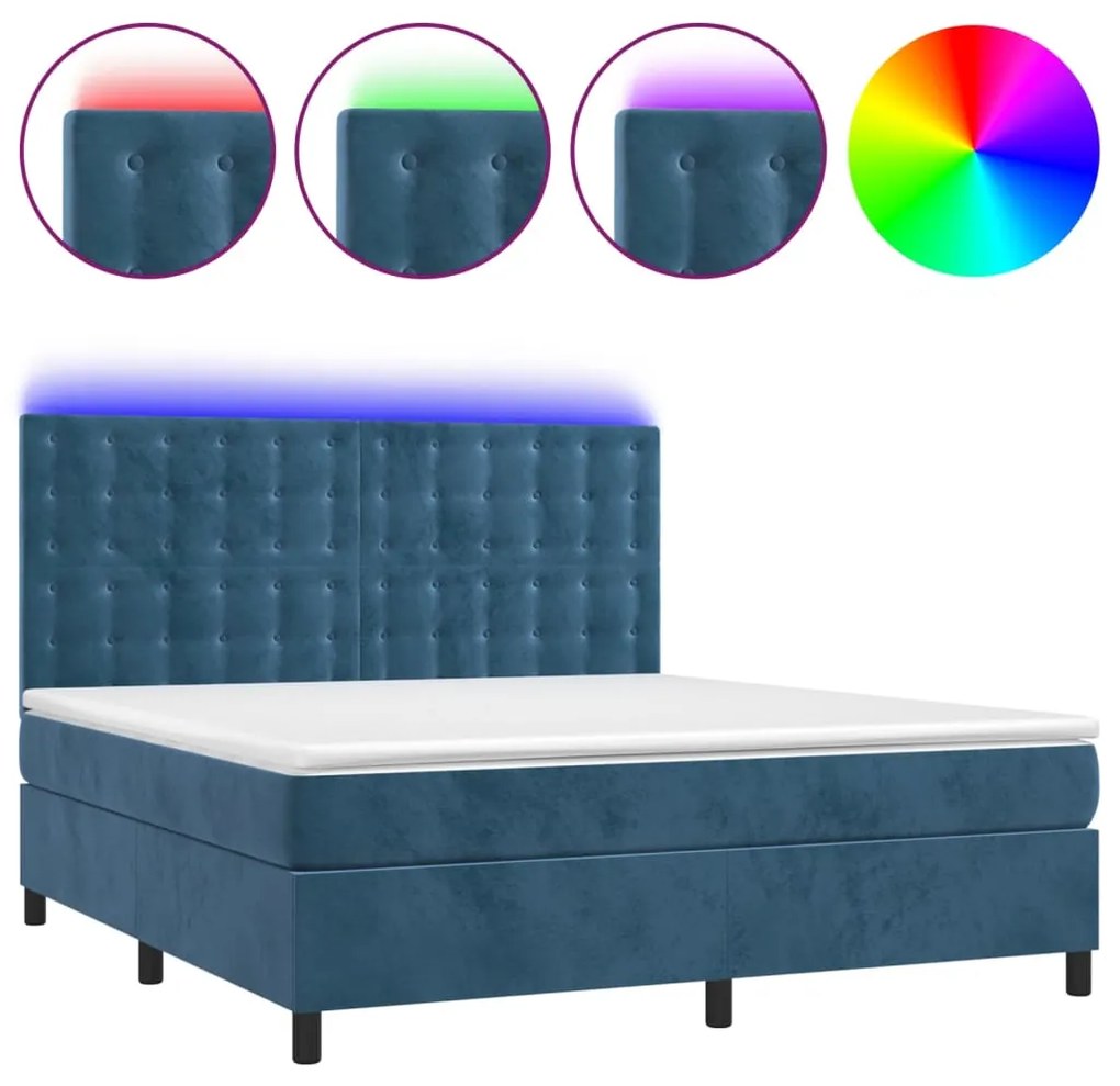 vidaXL Κρεβάτι Boxspring με Στρώμα & LED Σκ. Μπλε 180x200εκ. Βελούδινο