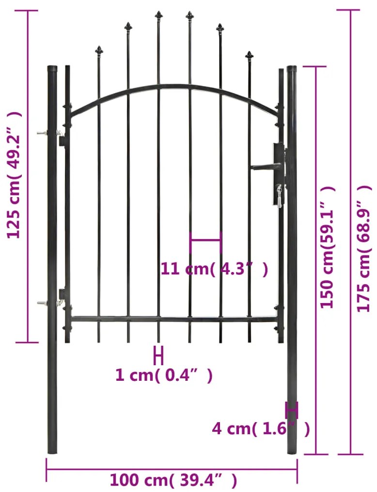 vidaXL Καγκελόπορτα Μαύρη 1 x 1,75 μ. Ατσάλινη