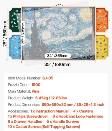 VEVOR 1500 Piece Puzzle Board with Drawer Cover Portable Wooden Jigsaw 86x63cm