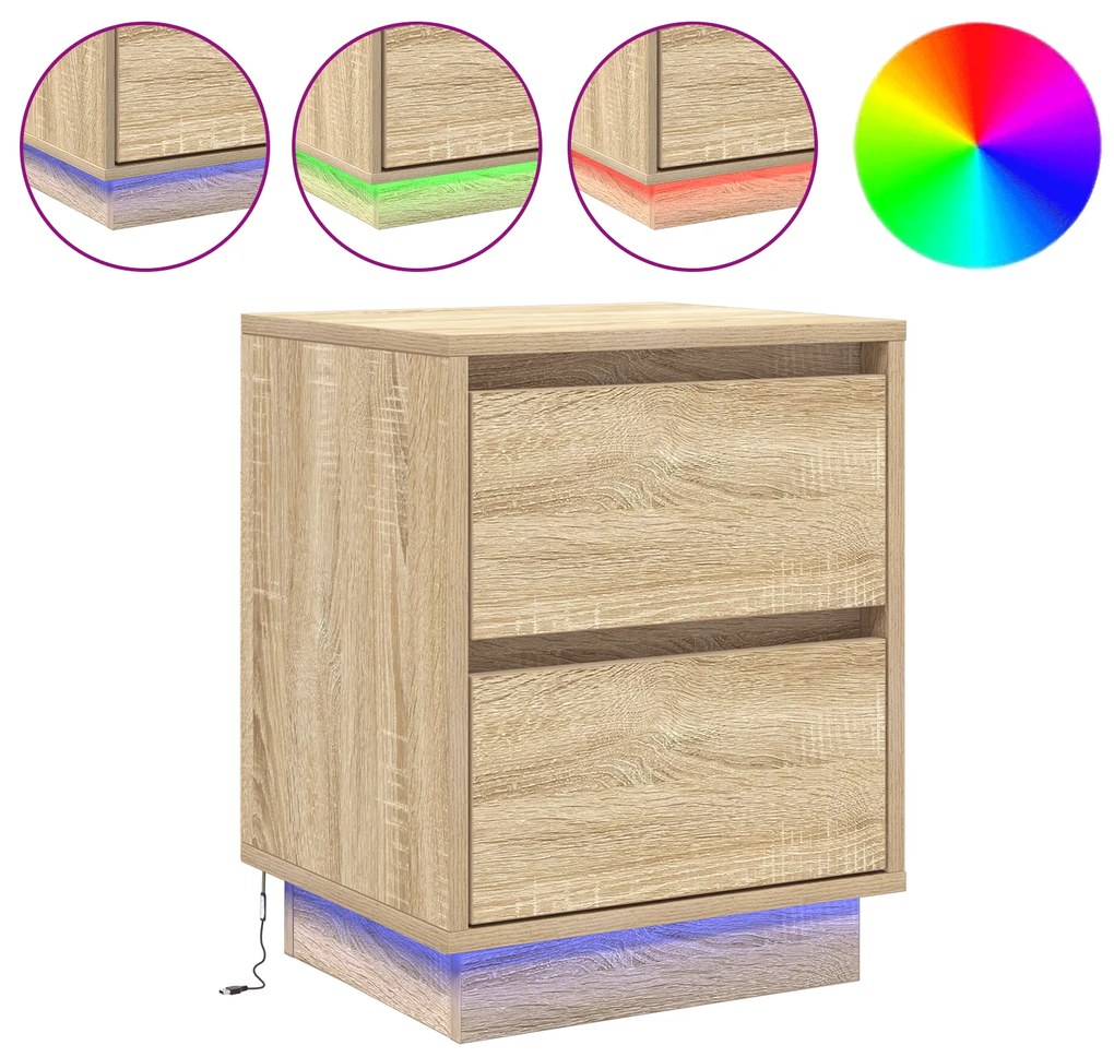 vidaXL Κομοδίνα με LED Φωτάκια 2 τεμ Σομόνα Δρυς 39x34.5x50 εκ.