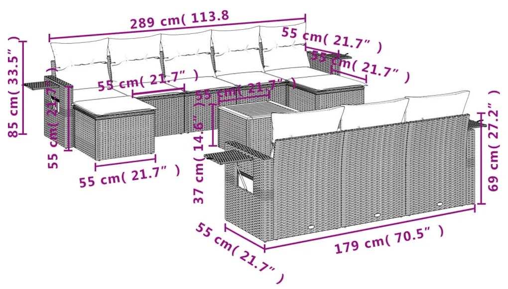 vidaXL Σαλόνι Κήπου Σετ 11 Τεμαχίων Μαύρο Συνθετικό Ρατάν με Μαξιλάρια