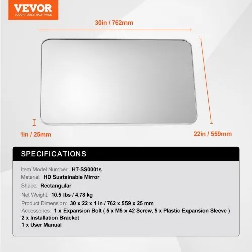 VEVOR Square Wall Mounted Mirror 22&quot; x 30&quot; Mirror with Aluminium Alloy Frame