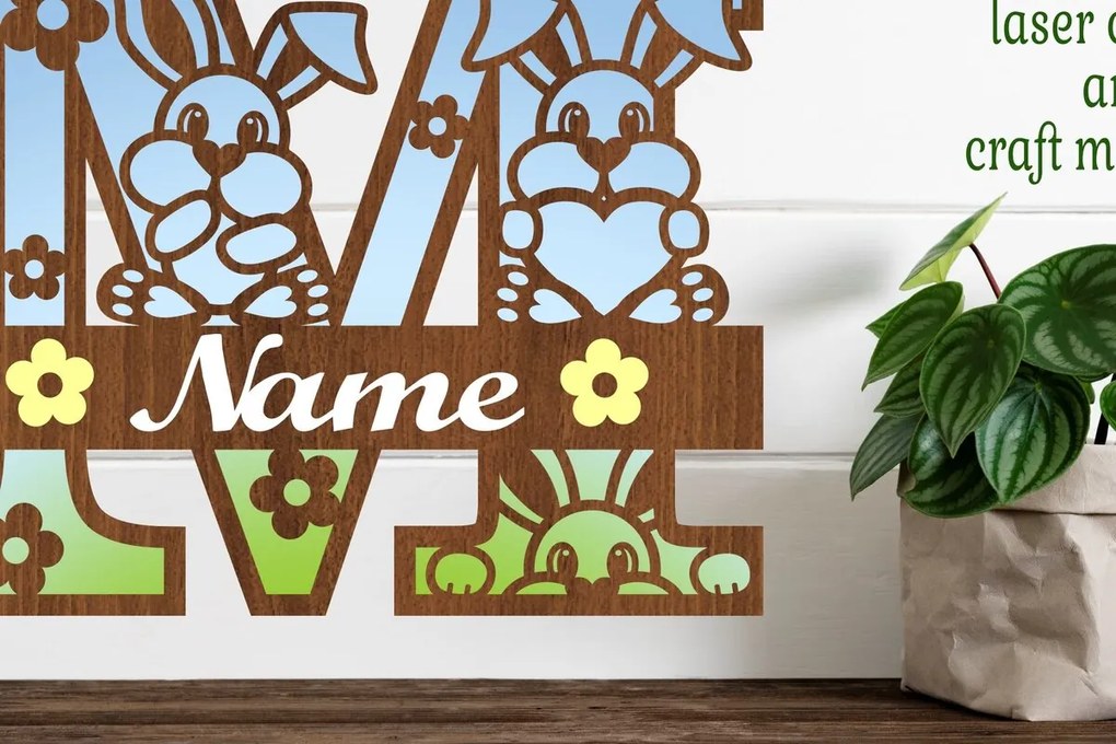 Σετ των 2 Intra απο ξύλο plywood 3mm-4mm πάχος Κουνελάκι κεφαλαίο μονόγραμμα Γράμμα M Δίασταση 30x20 cm INTRAFABR-72791986