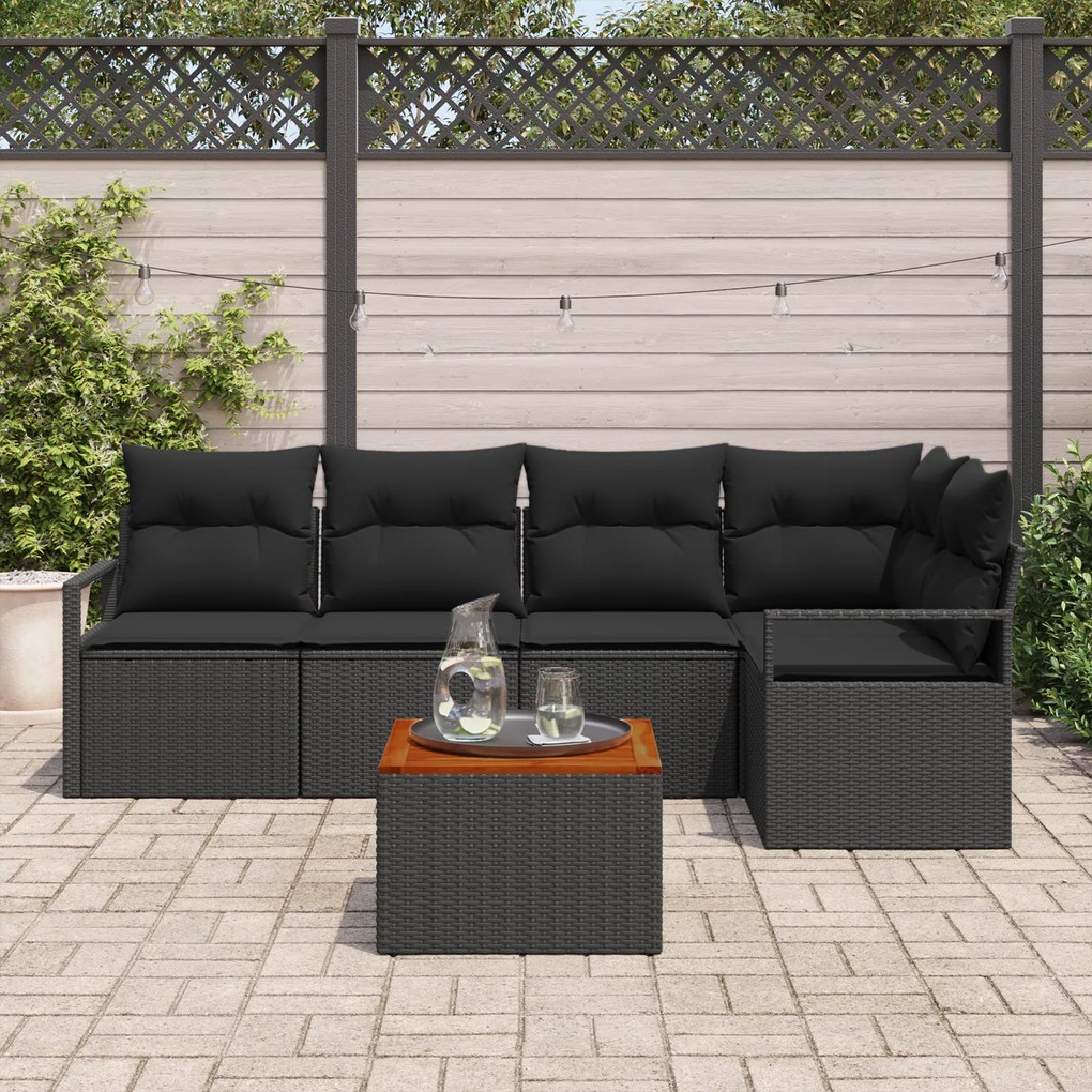 vidaXL Σετ Καναπέ Κήπου 6 pcs Μαύρο Μεγάλο Ρατάν, Ξύλο
