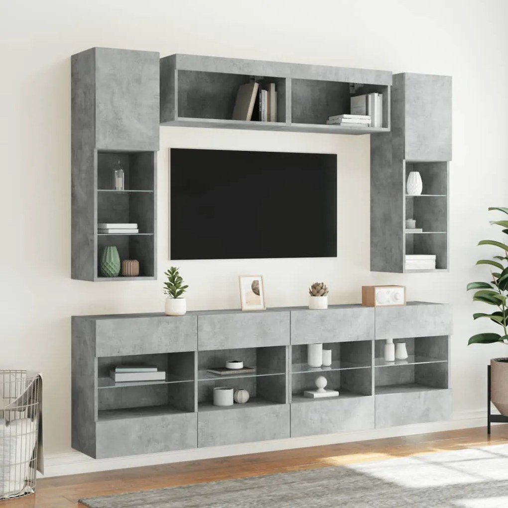 vidaXL Ντουλάπια Τηλεόρασης Τοίχου 6 τεμ. Φώτα LED Γκρι Σκυροδέματος