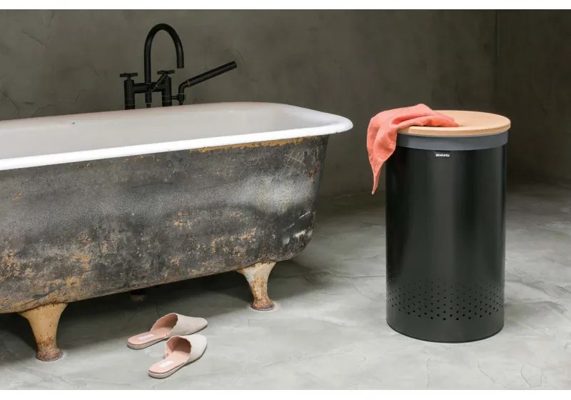 Καλάθι πλυντηρίου Brabantia 1000826, 60 l, Καπάκι από φελλό, Πλήρωση χωρίς άνοιγμα, οπές εξαερισμού, Μαύρο