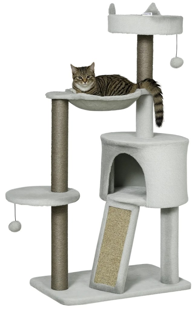 Δέντρο για γάτες με σπιτάκι, κρεβάτι, αιώρα και παιχνίδια, 60 x 40 x 113 εκ., Ανοιχτό γκρι