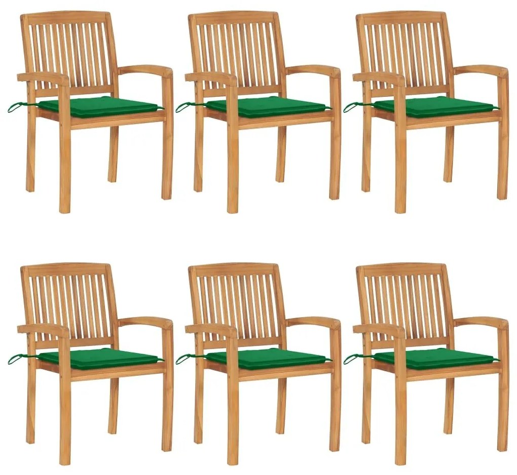 Καρέκλες Κήπου Στοιβαζόμενες 6 τεμ.Μασίφ Ξύλο Teak &amp; Μαξιλάρια - Πράσινο