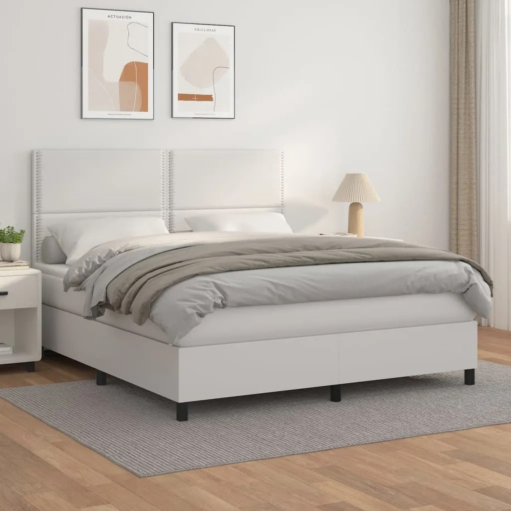 vidaXL Κρεβάτι Boxspring με Στρώμα Λευκό 160x200εκ.από Συνθετικό Δέρμα